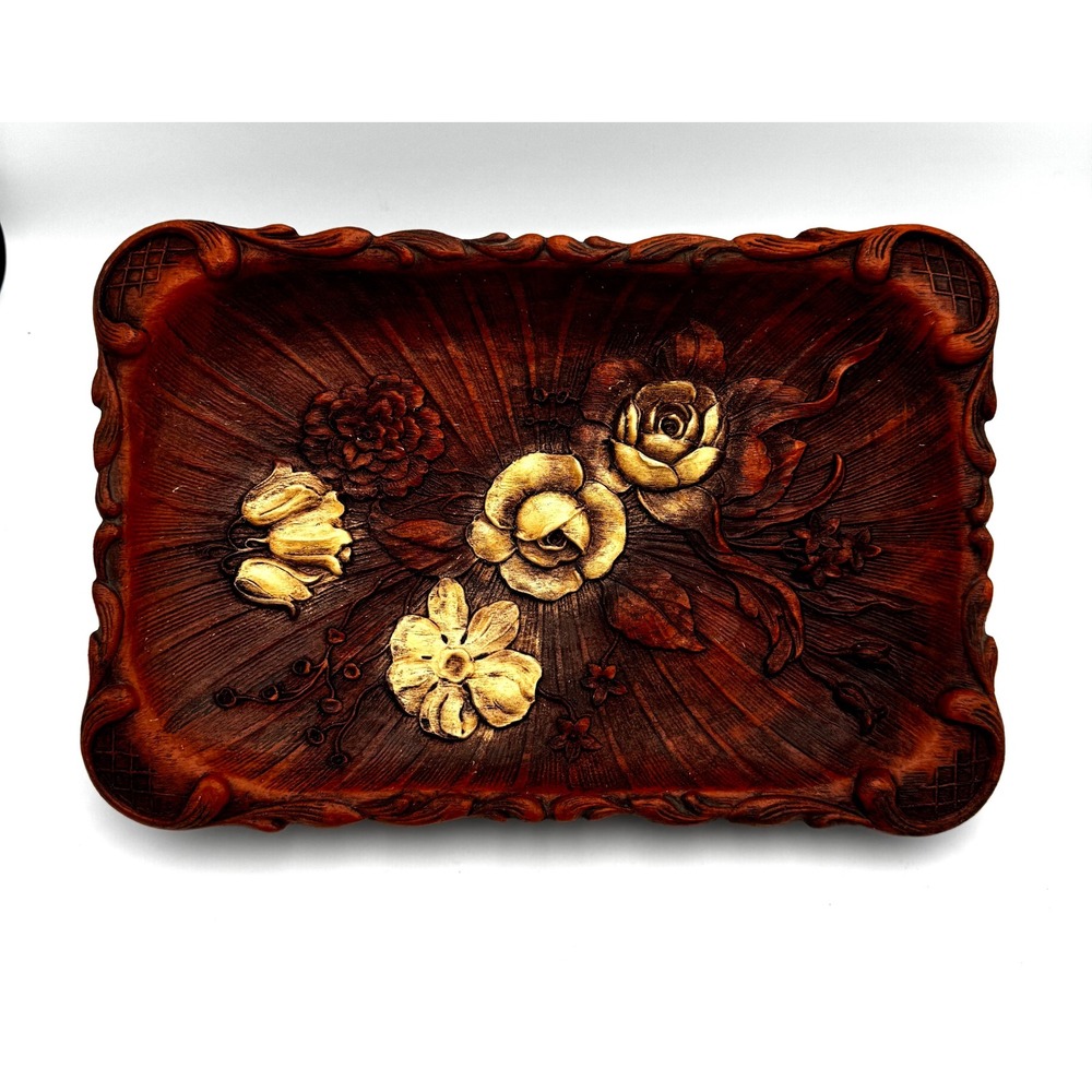 Vintage 1944 Multi Products Inc Faux Wood Floral Resin Tray Near Pristine